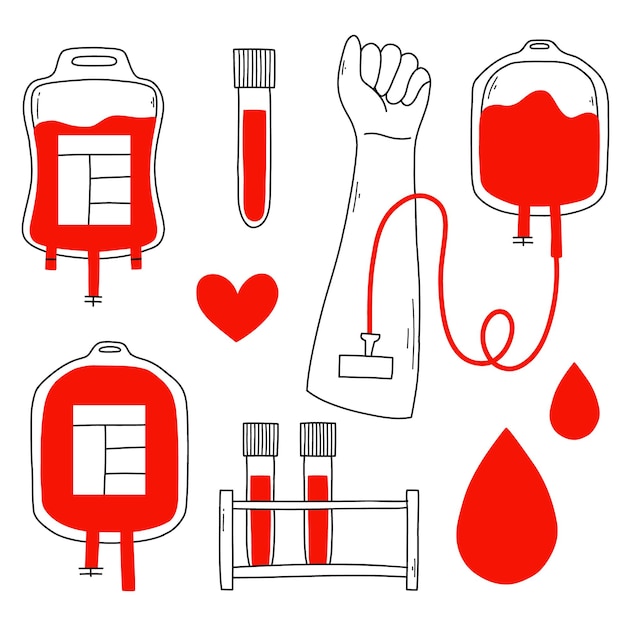 Blood donation set in doodle style Vector illustration Linear collection of elements with blood Blood bag test tube with blood Blood analysis