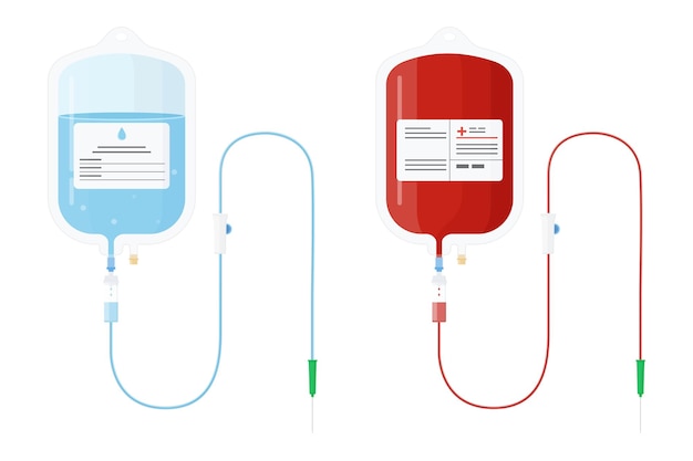 Blood donation vector concept with blood bag. Dropper With Plasma Transfusion, isolated on white background