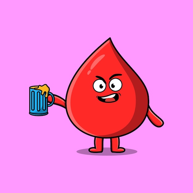 Blood drop cartoon mascot character with beer glass and cute stylish design