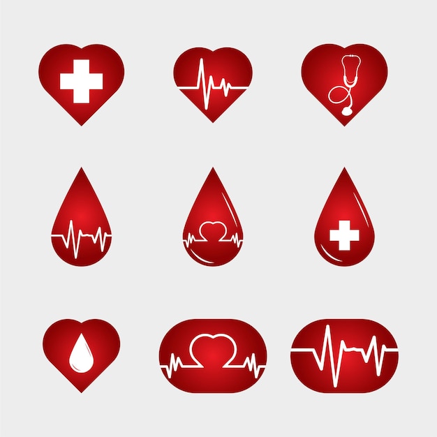 Blood drop icon vector. Medical red icon with blood drop, pulse icon, heart icon. Medical service logos vector. Medical icon set with red color.