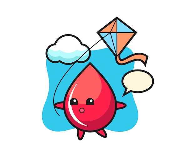 Blood drop mascot illustration is playing kite, cute style , sticker, logo element