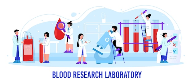 Blood research laboratory with tiny doctors flat vector illustration isolated