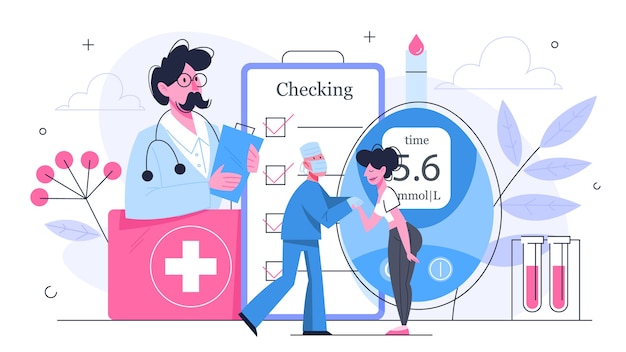 Blood sugar test in clinic concept. Medical equipment for test. Doctor and patient having a consultation about diagnos.  illustration in  style