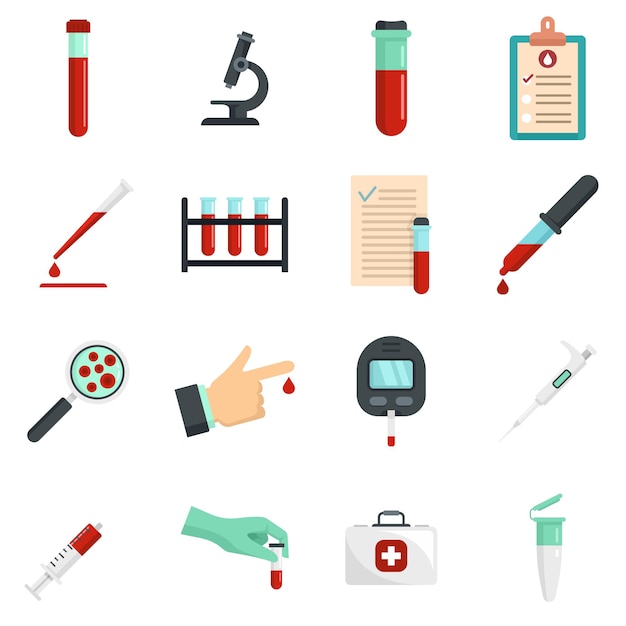 Blood test icons set. Flat set of blood test vector icons isolated on white background