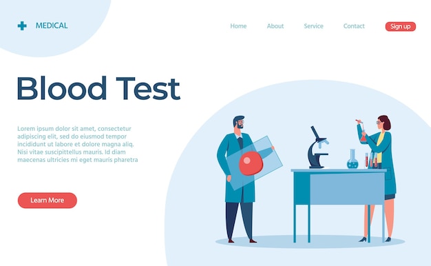 Blood test laboratory service landing web page. Experiment test and analyzing in laboratory, vector illustration