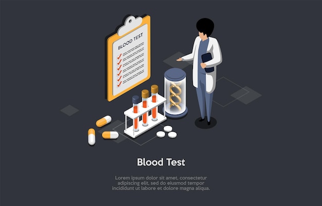 Blood Test Medicine and Healthcare Female Character Nurse in White Coat Taking Blood Sample For Test Composition Test Tube With Blood And Medicine In Laboratory Isometric 3d Vector Illustration