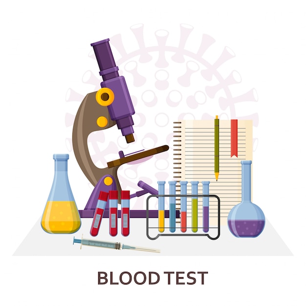 Blood test Virology research concept. Laboratory equipment such as microscope and flasks.  illustration