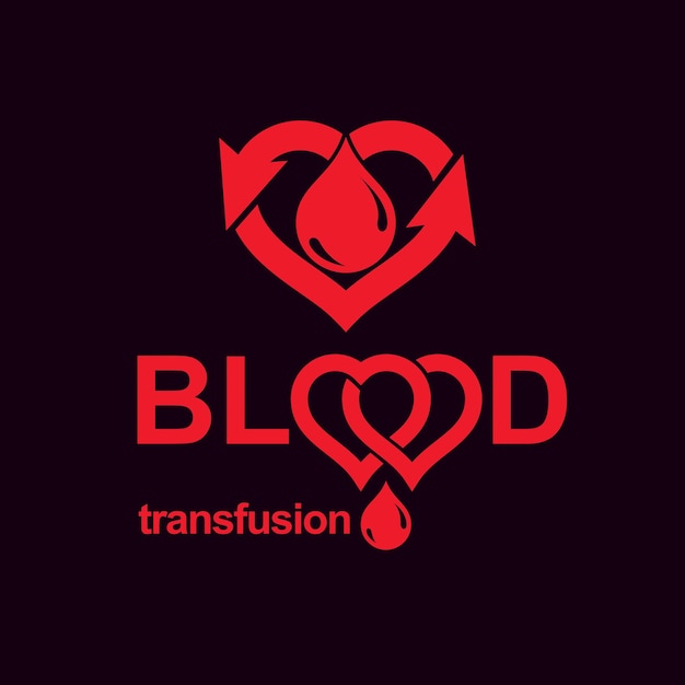 Blood transfusion vector symbol created with red heart shape with arrows and blood drops. Volunteer donorship, healthcare and medical treatment conceptual logo.