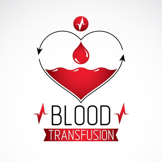 Blood transfusion vector symbol created with red heart shape with arrows and blood drops. Volunteer donorship, healthcare and medical treatment conceptual logo.