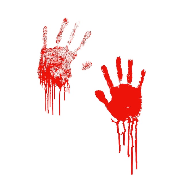 Bloody silhouettes of human palm prints with blood stains isolated on white