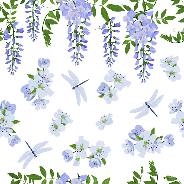 Vector blooming cherry wisteria and dragonflies on a white background