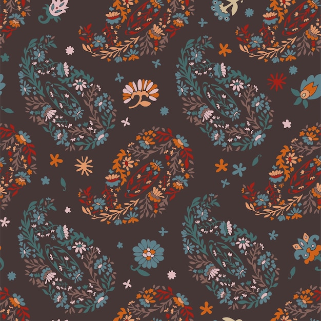 Blooming flowers in paisley seamless pattern print