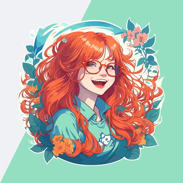 Blooming Happiness Vector Illustration of a Smiling Redhead with Glasses for Print