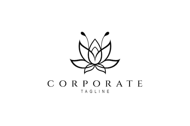 Blooming lotus flower logo in black minimalist line art design style