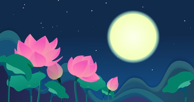 Vector blooming lotus at the night sky