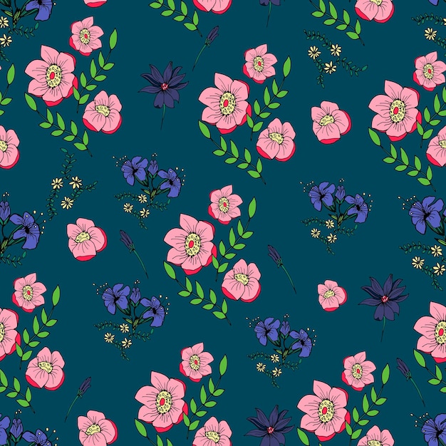 Blooming midsummer meadow floral seamless pattern Nature background for fashion wallpapers print A lot of different flowers on the field