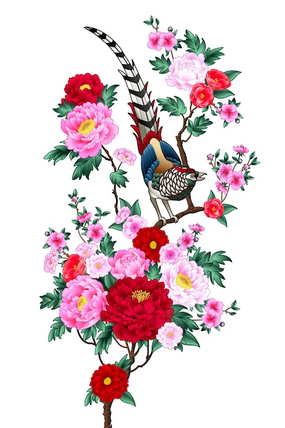 Blooming peonies branches and chinese pheasant in vertical canvas