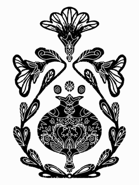 Blooming pomegranate Black symmetrical composition In the style of linocut Scandinavian rustic ornament Element for design