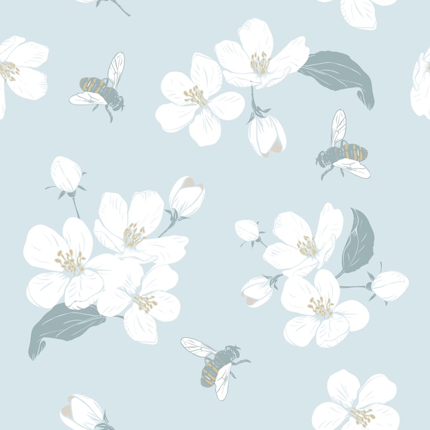 Blooming tree. Seamless pattern with flowers. Spring floral texture. 