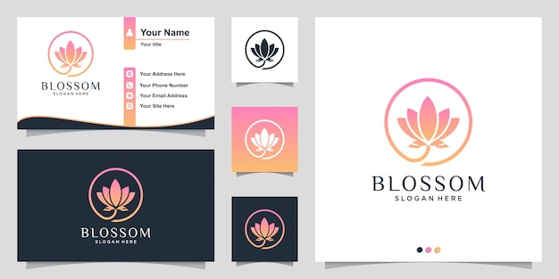 Blossom logo with modern gradient line art style and business card design template  