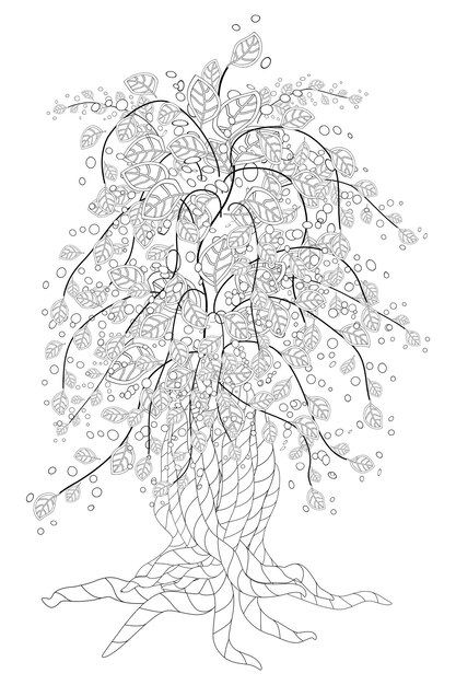 Vector blossom tree coloring book for adult doodles for meditation