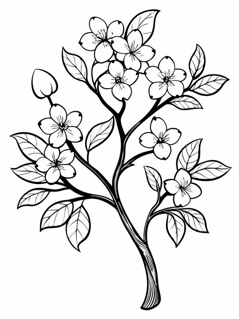 Vector blossoming branch of an apple tree colouring book pages for children and adults with vector design