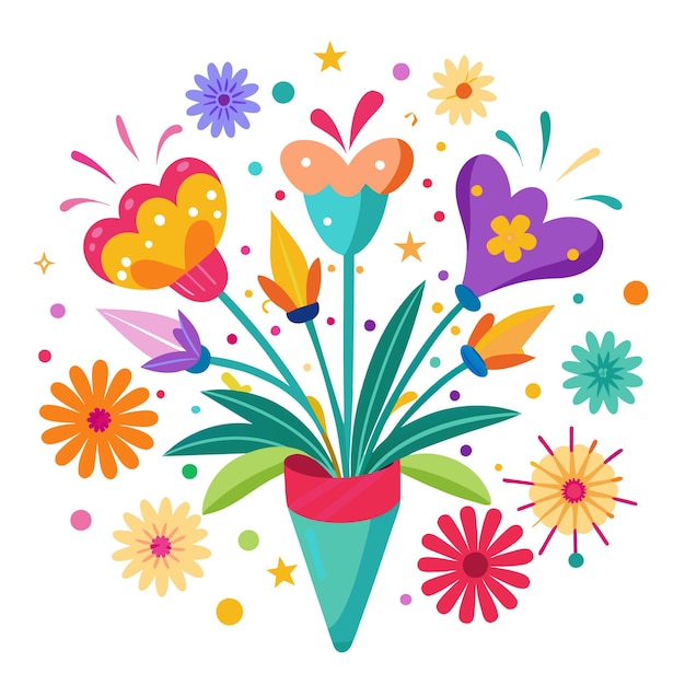 Vector blossoming elation confetti and fireworks as joyful flowers in bloom