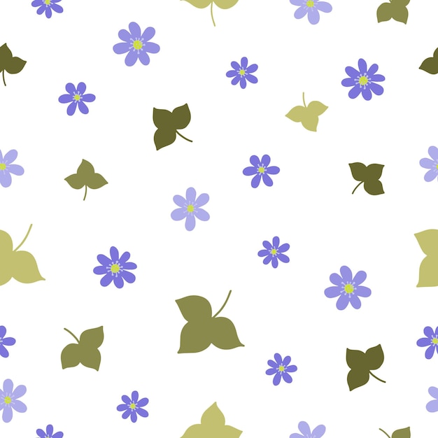 Blossoms of Hepatica and leaves seamless pattern. Botanical seamless pattern.