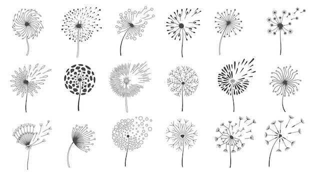 Blowing dandelion seeds. Silhouettes of fluffy wish flowers, spring blossom dandelions blown by wind. Nature floral logo design vector set. Flying various plant buds isolated on white