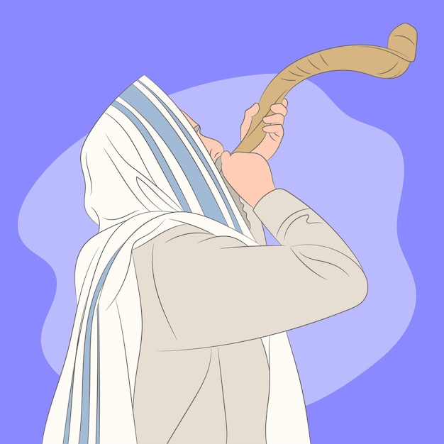 Blowing the Shofar rams horn on Rosh Hashanah and Yom Kippur celebration day