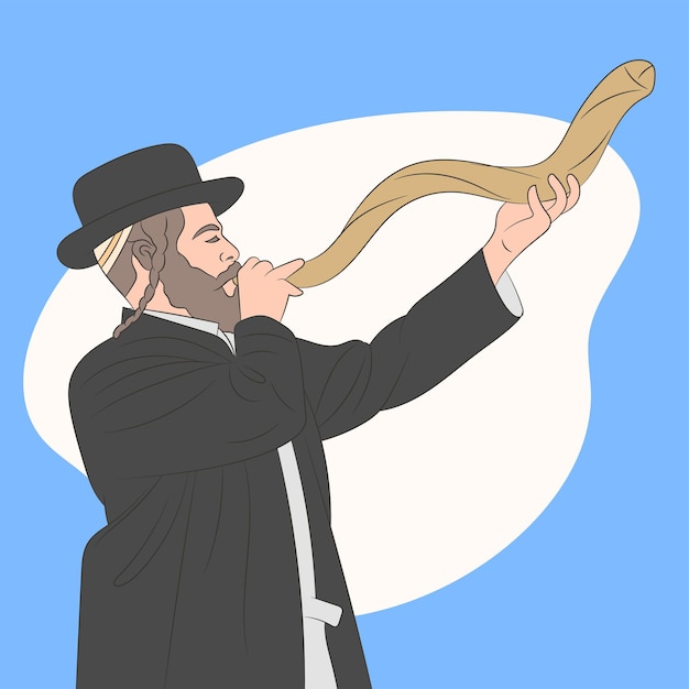 Blowing the Shofar rams horn on Rosh Hashanah and Yom Kippur celebration day