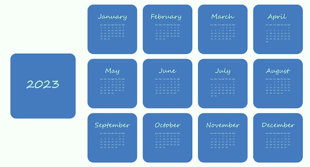 Blue 2023 calendar started with Sunday. Simple minimalistic monthly calendar.