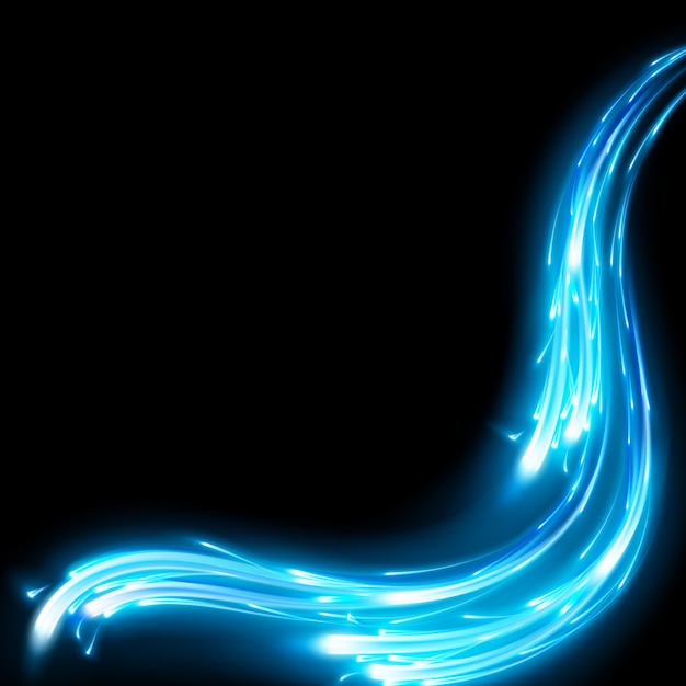 Blue abstract background with blurred magic neon light curved lines.