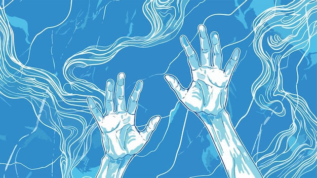 Vector blue abstract background with hands and lines collage