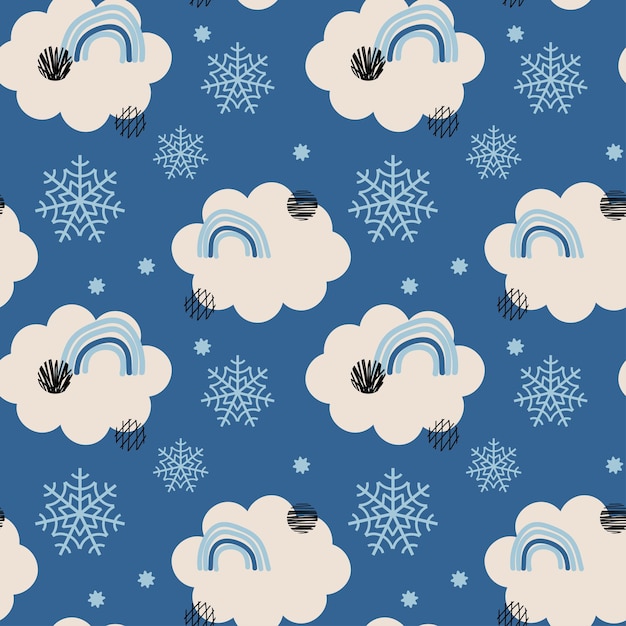 Blue abstract seamless pattern with snowflakes cloud rainbow Hand drawn winter textures background