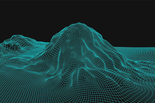 Blue abstract vector wireframe landscape background. 3D futuristic mesh mountains. 80s Retro illustration. Cyberspace technology valleys.