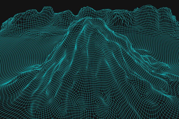 Vector blue abstract vector wireframe landscape background 3d futuristic mesh mountains 80s retro illustration cyberspace technology valleys