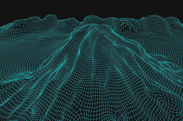 Vector blue abstract vector wireframe landscape background 3d futuristic mesh mountains 80s retro illustration cyberspace technology valleys