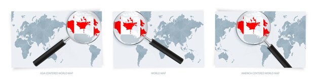 Blue Abstract World Maps with magnifying glass on map of Canada