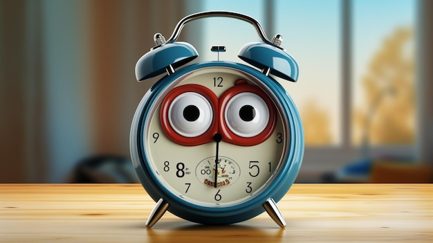 Vector a blue alarm clock with eyes that say owl