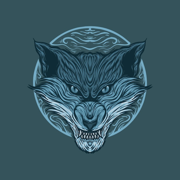 Blue angry wolf head illustration design