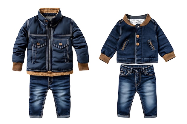 a blue baby jacket with brown stitching and a brown belt