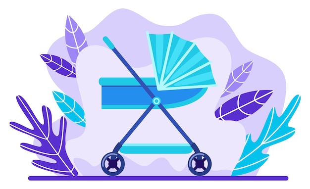 Blue baby stroller on violet background with leaves and plants.