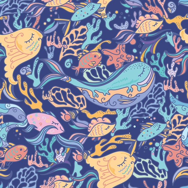 Blue baby style seamless vector background with fishes and corals