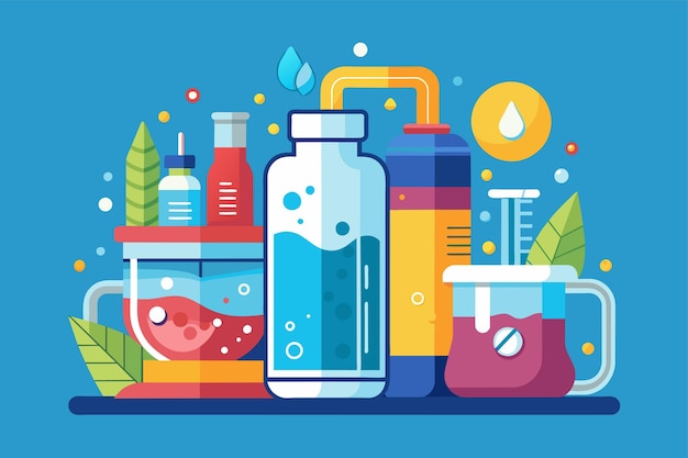 Vector blue background featuring a bottle of liquid and several flasks customizable for hydration purposes hydratation customizable flat illustration