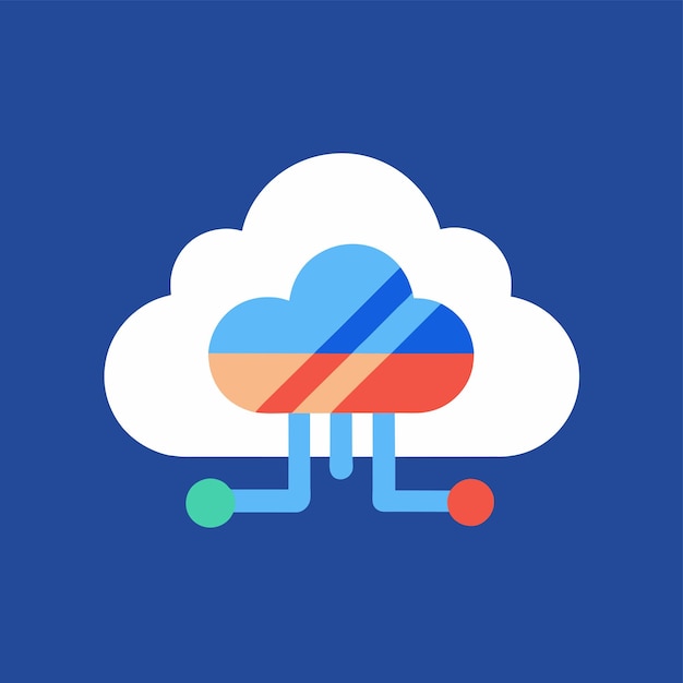 Blue background featuring a white cloud and a vibrant red and blue stripe Create a minimalist icon that communicates the idea of cloud computing