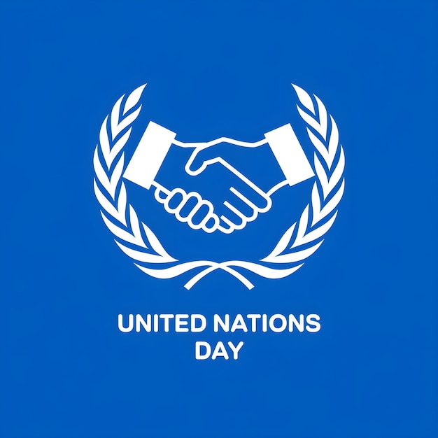 A blue background stylized white handshake in the center UNITED NATIONS DAY