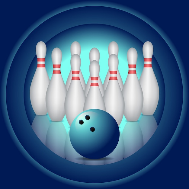 Blue background with bowling pins and bowling ball.