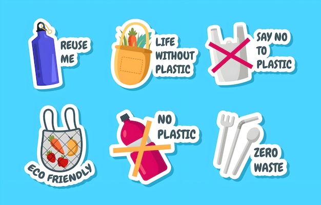 Vector a blue background with a bunch of stickers that say no life without a plastic bottle