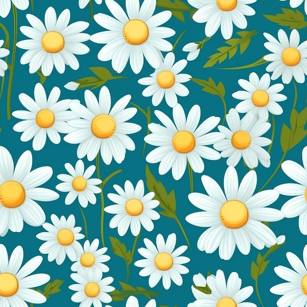 a blue background with daisies and yellow dots